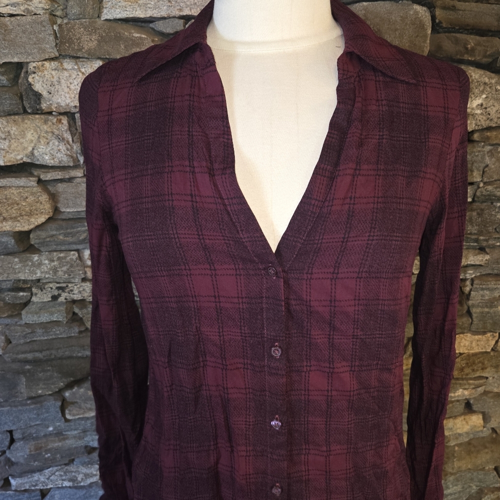 Paige Plaid Button-Up Burgandy Soft Long Sleeve Shirt V Neck - Picture 4 of 7